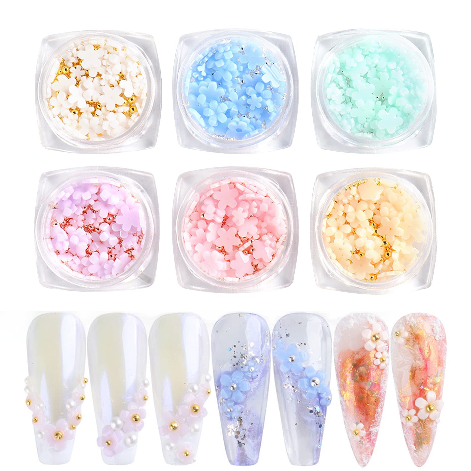 3D Flower Nail Charms, 6 Boxes Acrylic Flower Nail Charms with Gold Silver Caviar Beads Nail Accessories Nail Art Rhinestones Nail Jewelry for Women Girls DIY Nail Design