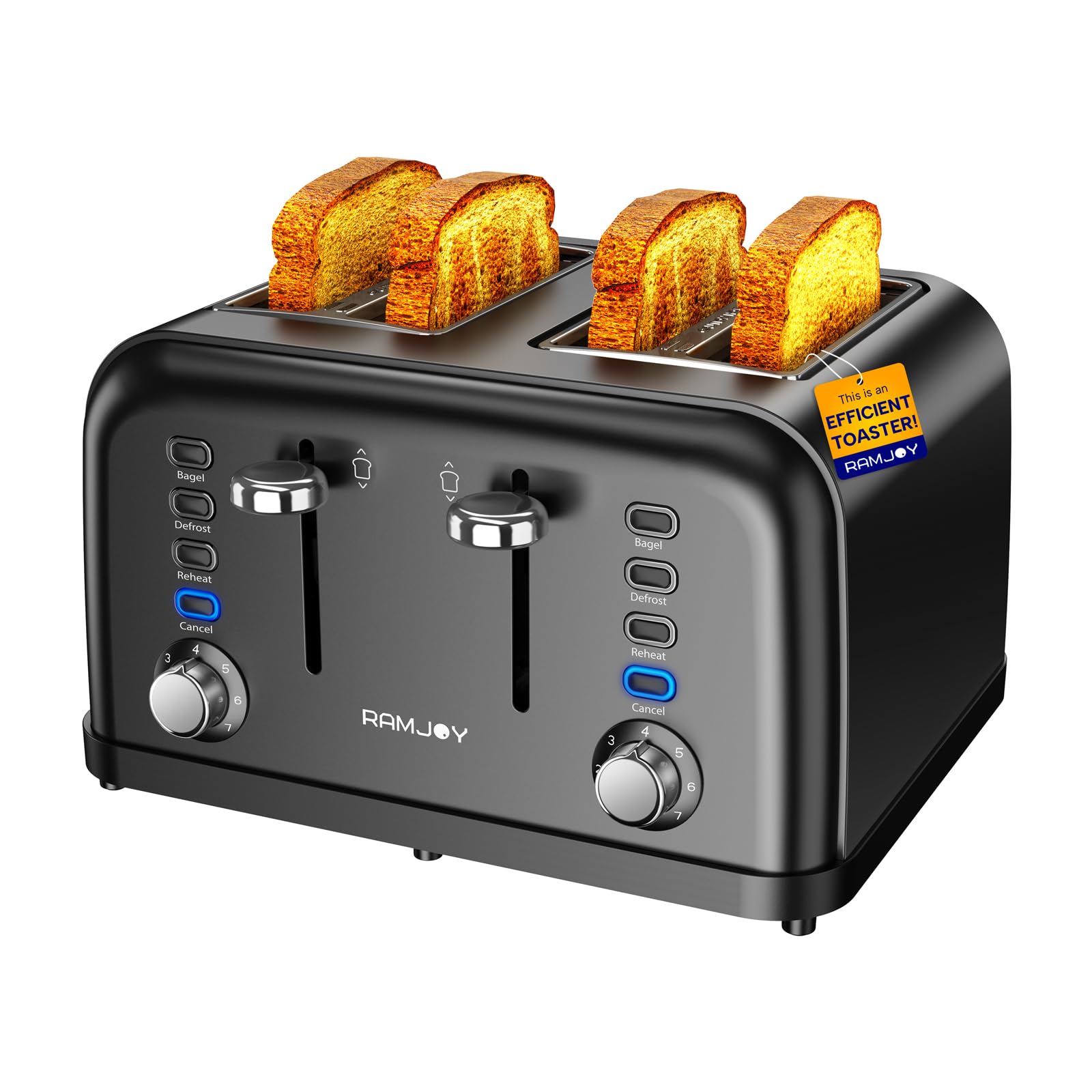 Photo 1 of **ONLY HALF WORKS** RAMJOY Black Toaster 4 Slice, Dual Independent Controls, Extra Wide Slot Toasters for Bagel, Bread, Waffles, 7 Shade Settings, 4 Main Functions, Removable Crumb Tray, 1500 Watts, Black Stainless Steel