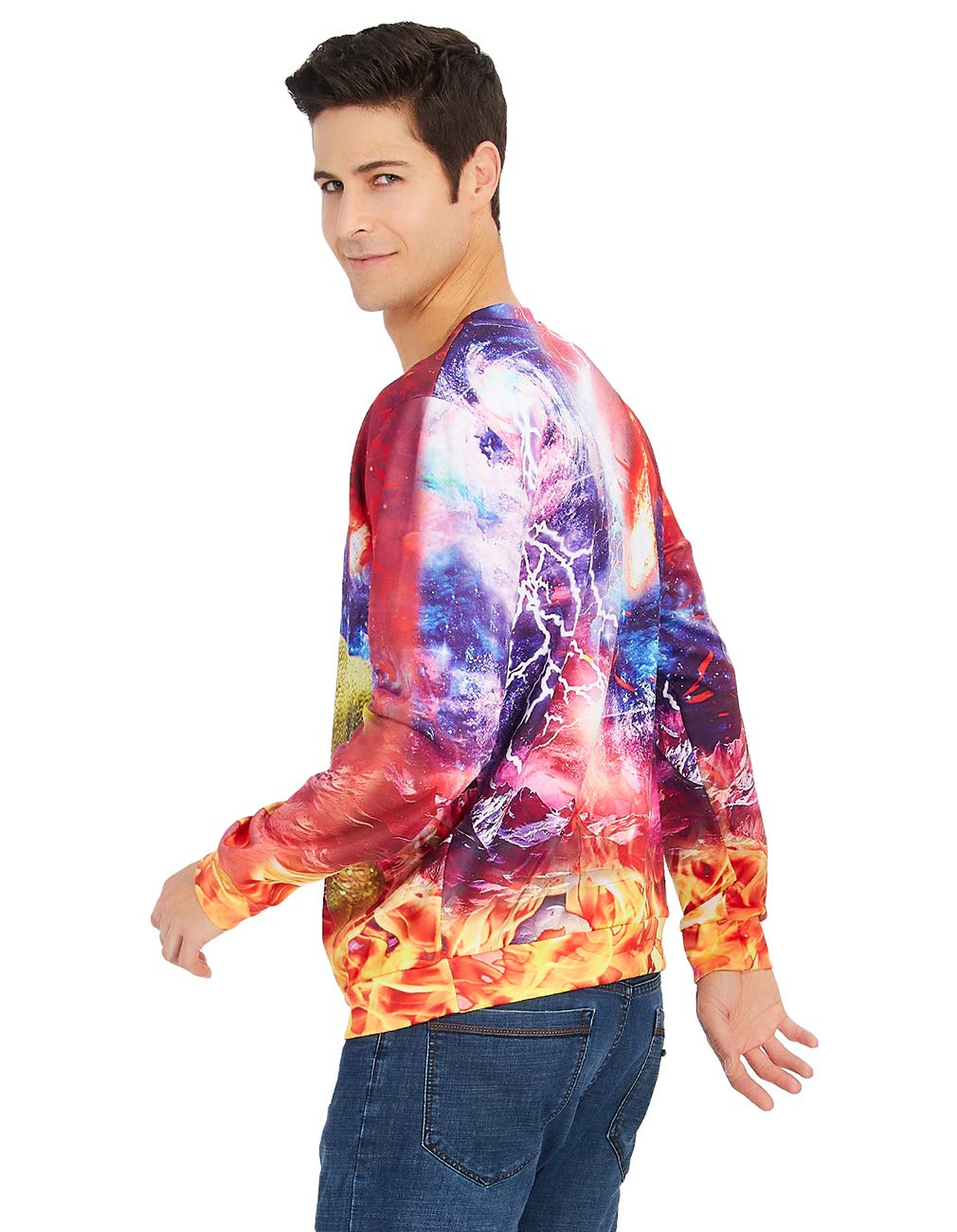 RAISEVERN Unisex Funny Dragon Print Ugly Christmas Sweater Crewneck Sweatshirt Long Sleeved XXL Dinosaur Green