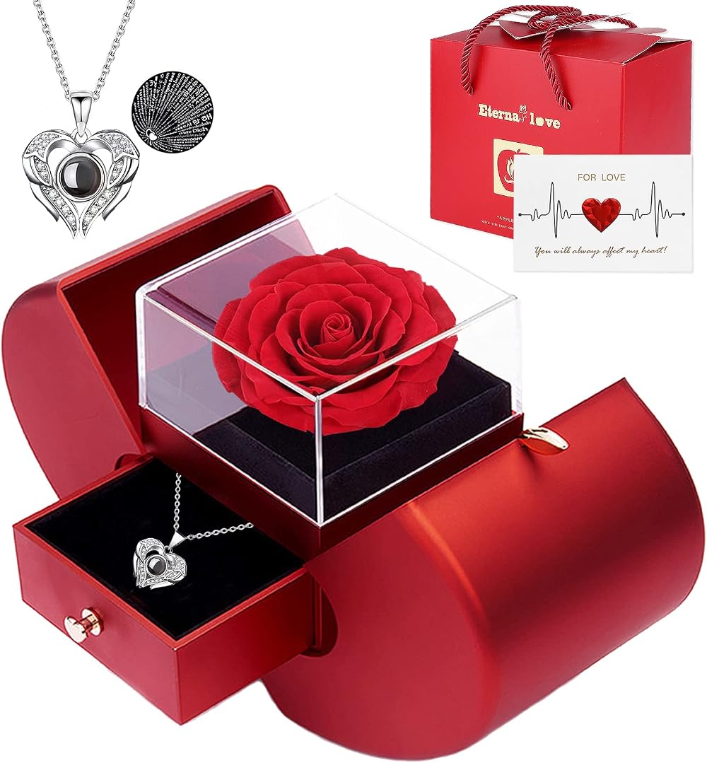 Firestyle Preserved Real Rose & I Love You Necklace Gift Set for Her