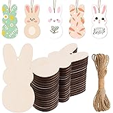AWIZOM 60 Pcs Unfinished Easter Bunny Wooden Ornaments Wooden Bunny Cutouts to Paint Blank Wood Rabbit Slices with Twine for DIY Craft Present Tags Easter Spring Hanging Decorations,3.94x1.89