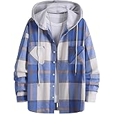 OYOANGLE Men's Casual Plaid Flannel Jacket with Hoodie Long Sleeve Button Down Shirt