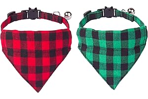 PTDECOR Christmas Cat Collars with Bandana Bell, 2 Pack Plaid Cat Christmas Collar Breakaway with Removable Bandana Christmas Bandana Collars for Cats Kittens (Red Green Scarf)