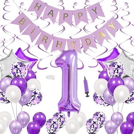 Amazon Co Jp 1歳誕生日飾り付け 紫パーティーデコレーション 女の子 1歳お祝い パープル風船 吊り下げ渦巻き 部屋装飾 54枚セット おもちゃ