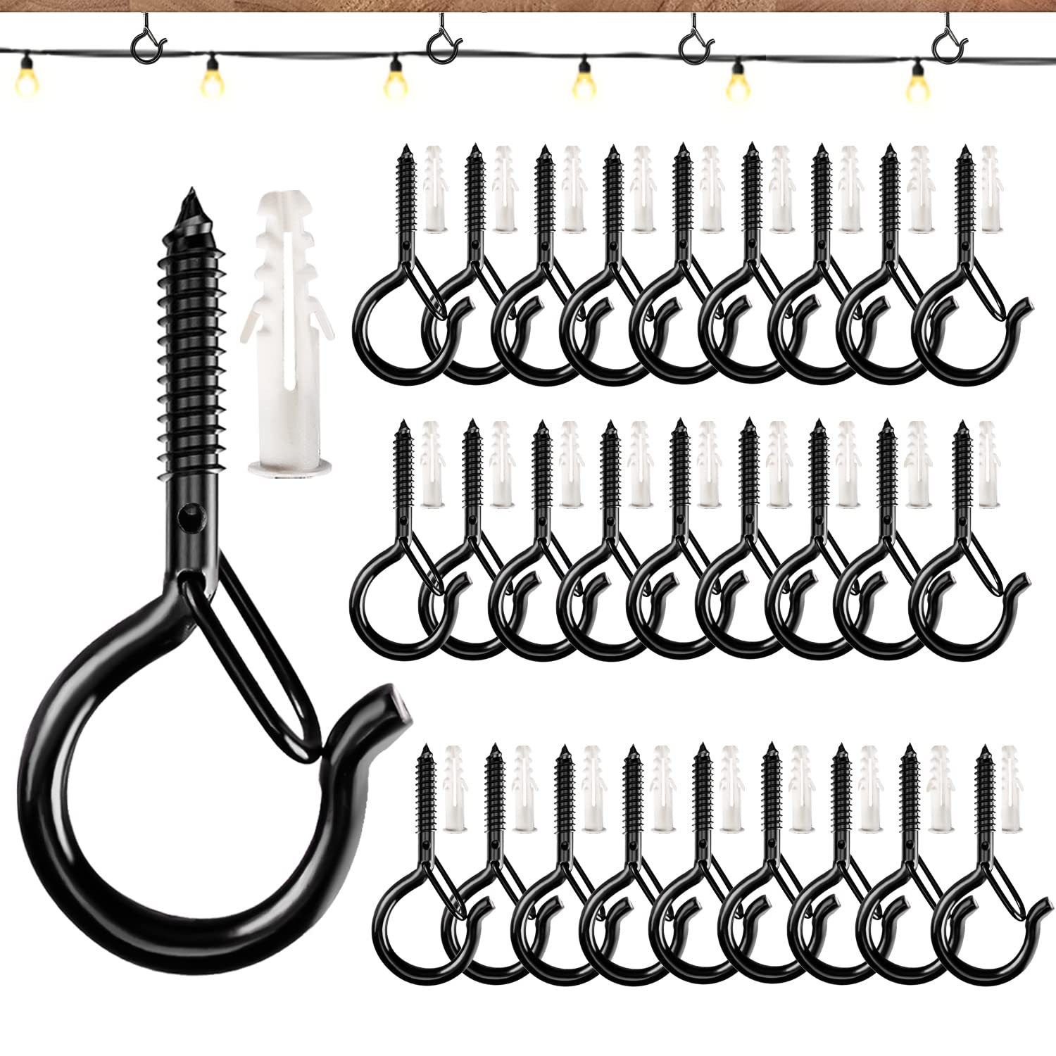 OSELEE Q-Hanger Screw Hooks Outdoor, Wall Mount Ceiling Hook, Safety Buckle Design, Used for Hanging Basket Planters, Wind Chimes, Key, String Lights, etc (30pack-Black)