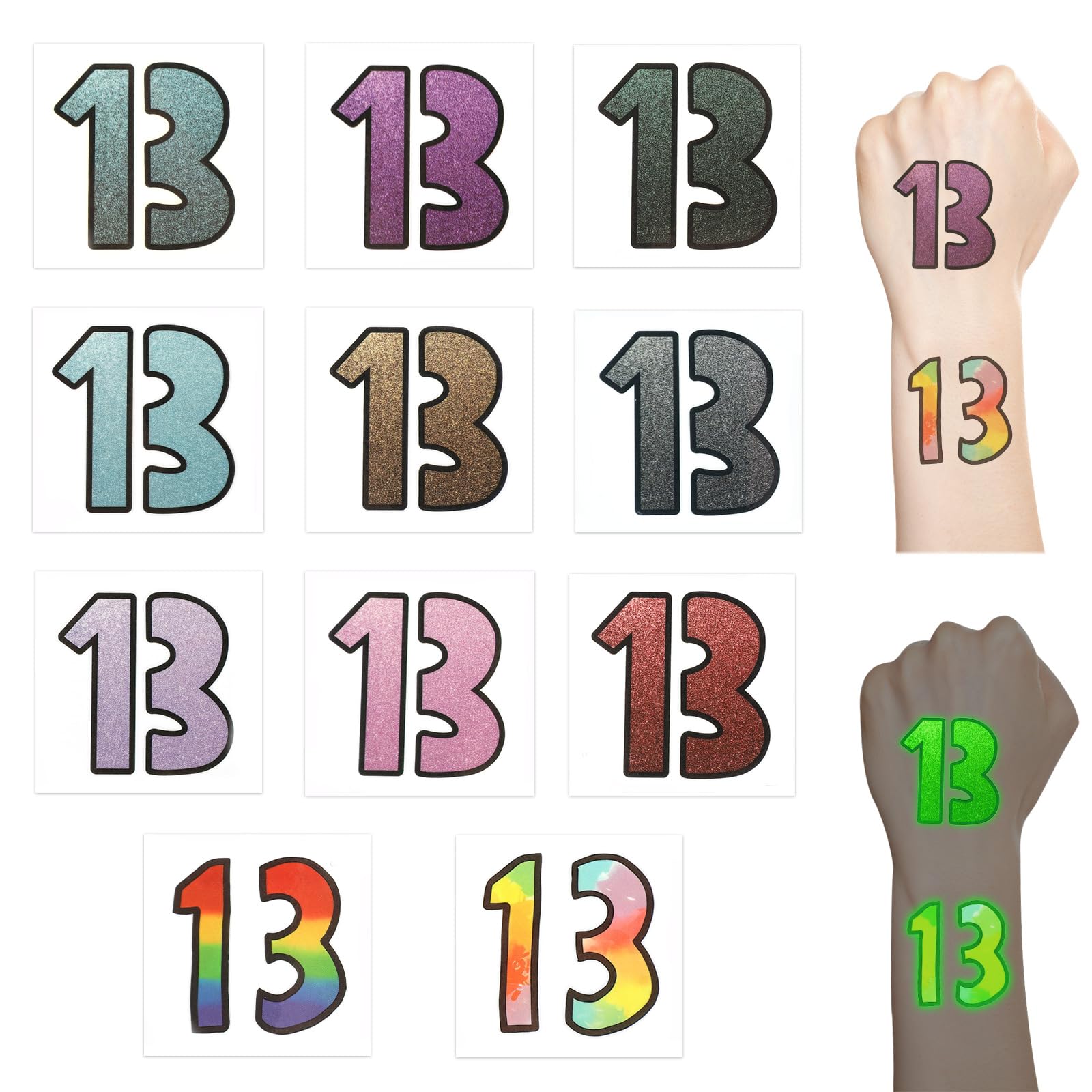 22pcs Number 13 Temporary Tattoos Glitter Stickers, Waterproof 13 Tattoo Girl Stickers Nightglow Tattoo Stickers for Concert Rave Accessories Girl Women Fans