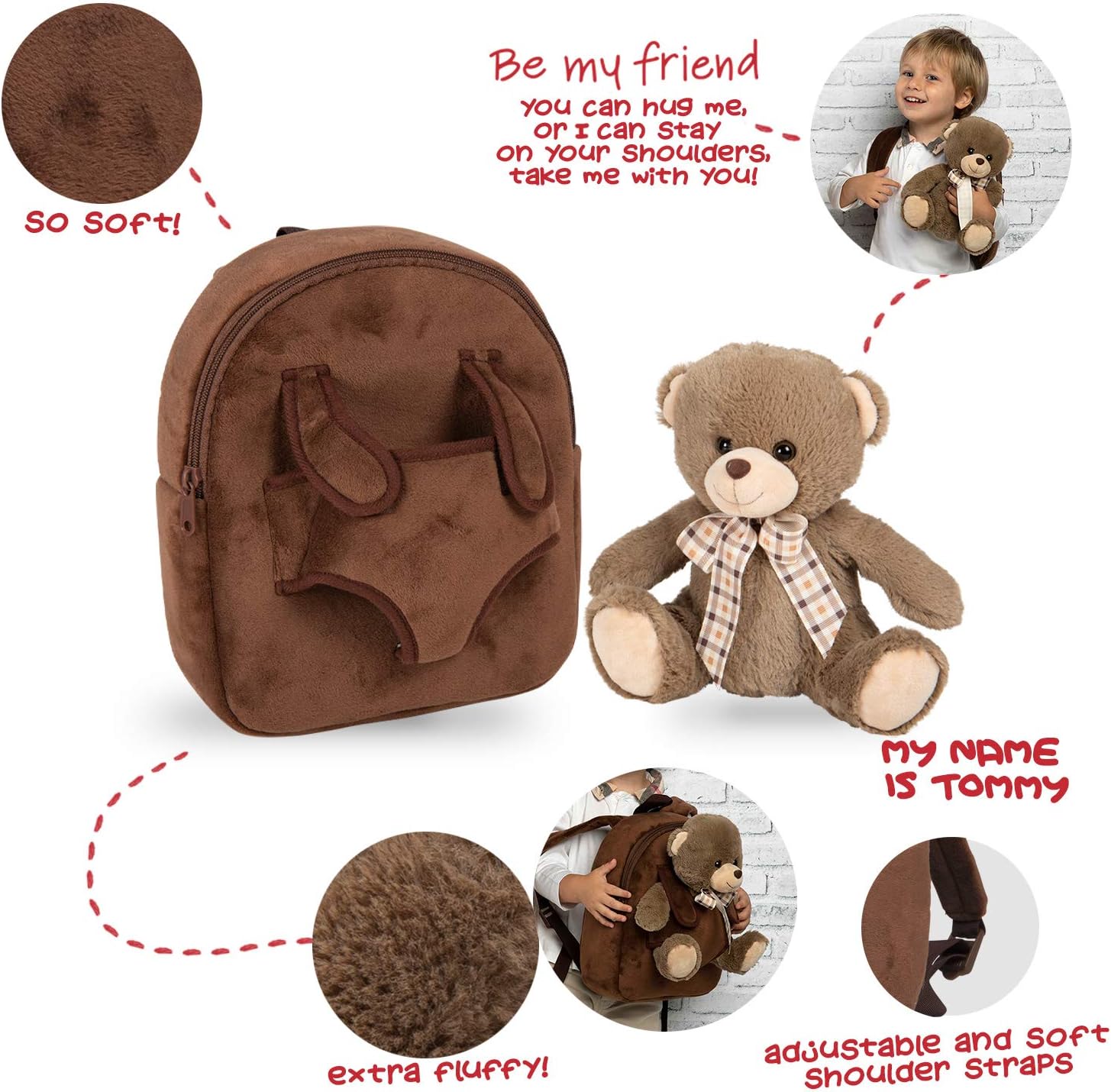 PERLETTI Plush Teddy Bear Backpack for Kids with Fluffy Stuffed Puppet - Image 4