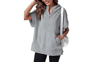 Fisoew Womens Oversized Half Zip Hoodies Short Sleeve Casual Sweatshirts Pullover Tops with Pockets