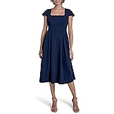 Calvin Klein Womens Cap Sleeve Square Neck Fit & Flare Midi Crepe Dress