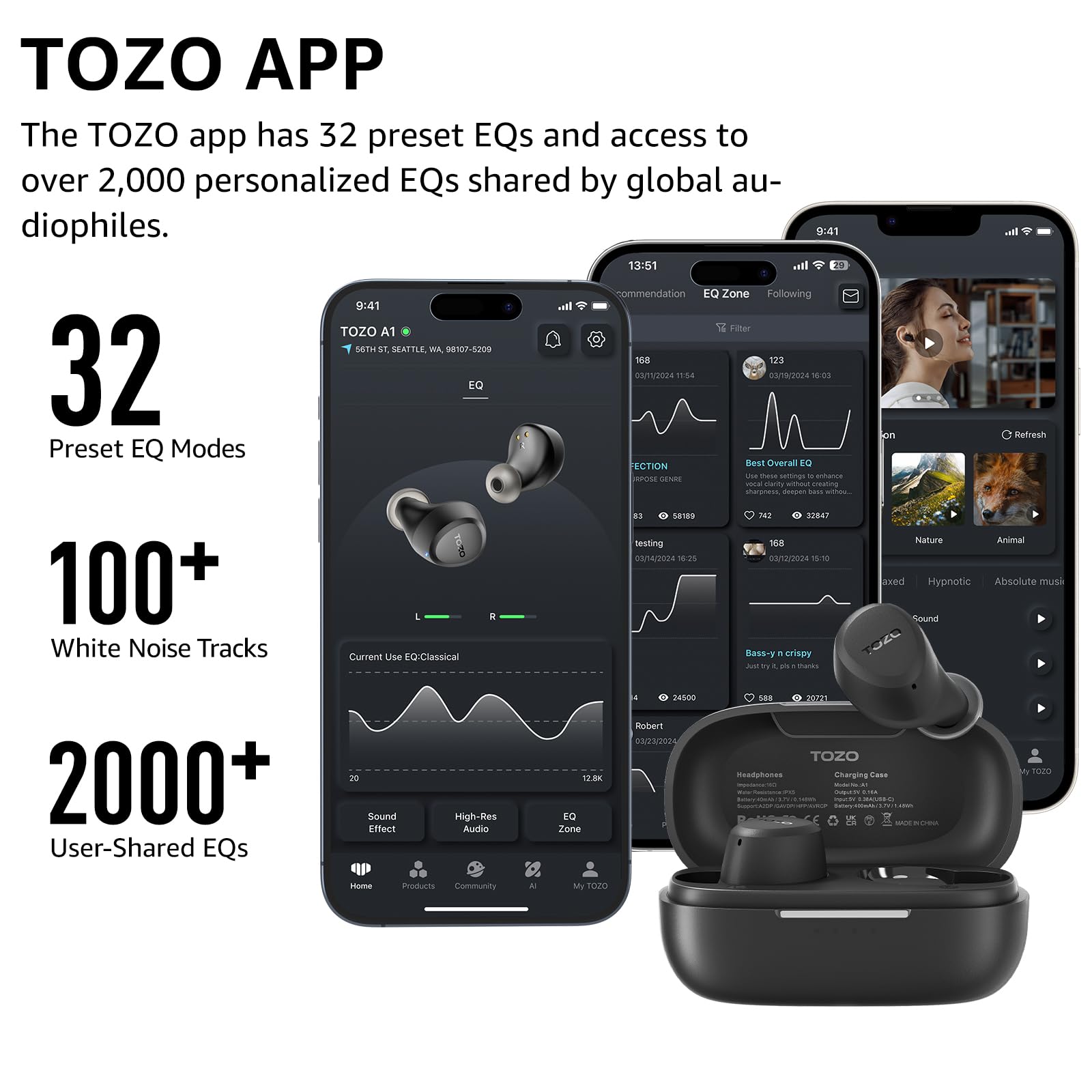 TOZO A1 Wireless Earbuds Bluetooth 5.3 Light Weight in Ear IPX5 Waterproof Headphones 2 Mic for AI Calls, Immersive Premium Sound Bass Headset with Charging Case, 32 Presets EQ Customization via App - Image 7