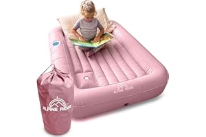 Alpine Ridge - Toddler Travel Bed with Safety Bumpers [4-Sided] | Portable Bed for Kids | Toddler Air Mattress | Kids Air Mattress with Built-in Foot Pump (Pink)