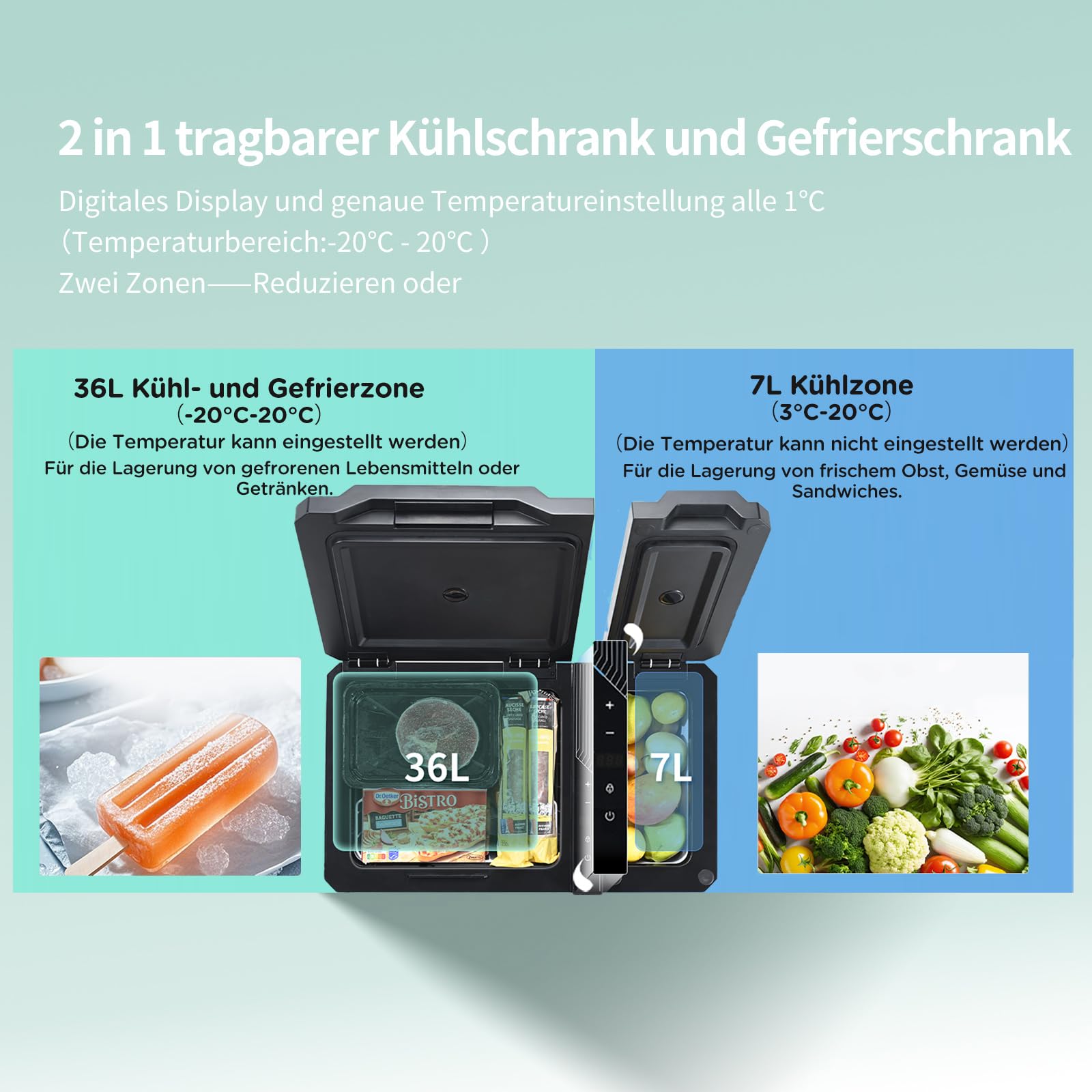 Comfee RCP43DS3(E) 43L Kompressor-Kühlbox Dual-Zonen, elektronische Steuerung, LED-Licht, ECO-Modus, geräuscharm, geeignet für Zuhause und Outdoor, 12/24V DC und 100-240V AC Stromversorgung 4