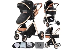 SUPPERBEBE 2 in 1 Baby Stroller Convertible Reversible Standard Pram Portable Pushchair Infant Buggy Baby Carriage Foldable High Landscape Pram for Toddler Newborn (225 Black Gold)