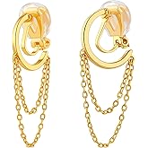 FAN&LOUIS Gold Clip On Earrings for Women, 24K Gold Plated Small Hoop Dangle Chains Drop Trendy Hypoallergenic Non Pierced Earrings Painless Lightweight Clip-On Earrings