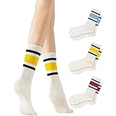 Yawlsow 3 Pairs Pilates Grip Socks for Women Yoga Grippy Striped Retro Crew Socks Non Slip Sticky Barre Sock with Grippers