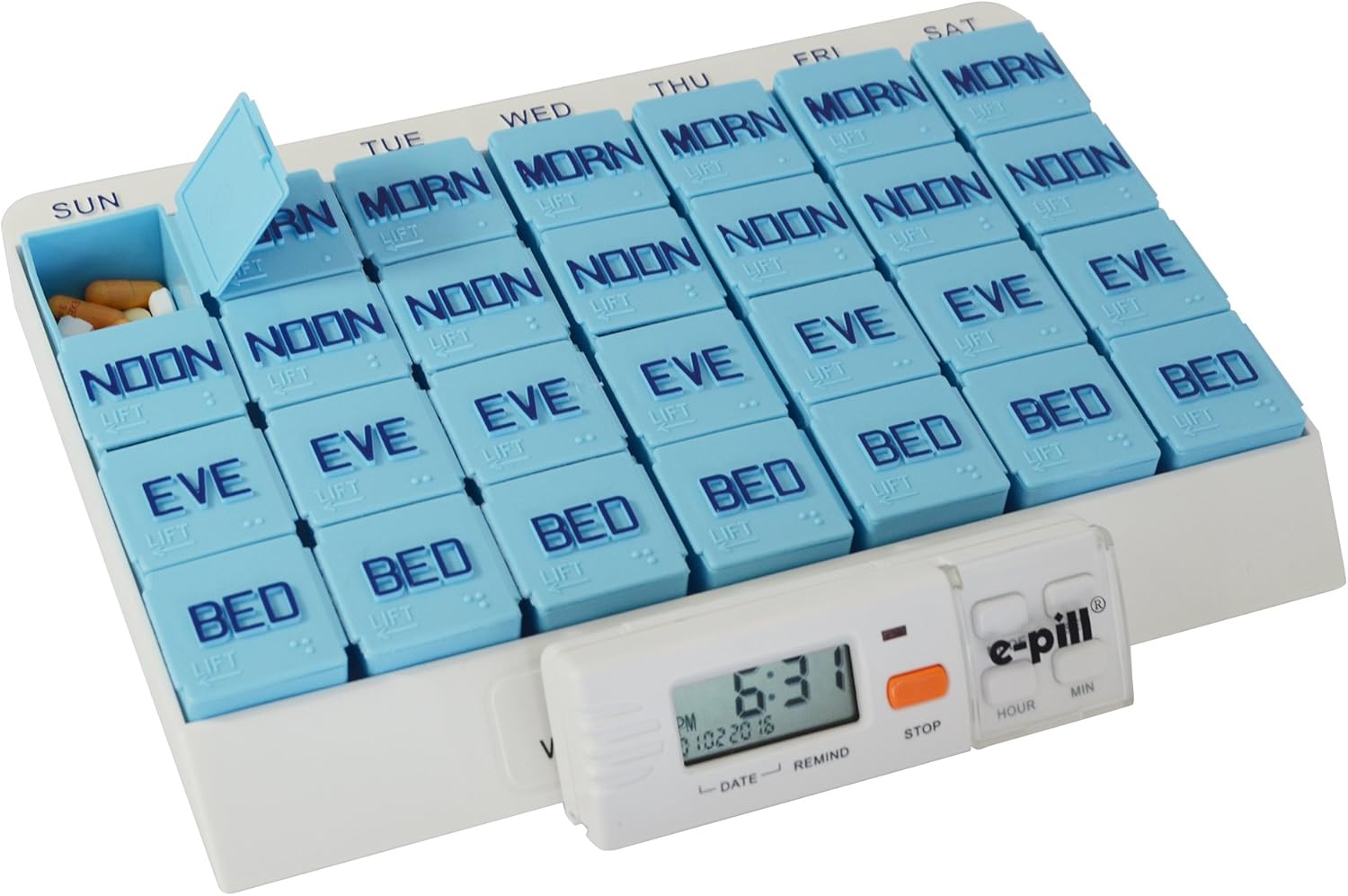 e-Pill Large Weekly Pill Organizer for The Home - with Reminder - 7 Day x 4 Compartments per Day: Health & Personal Care