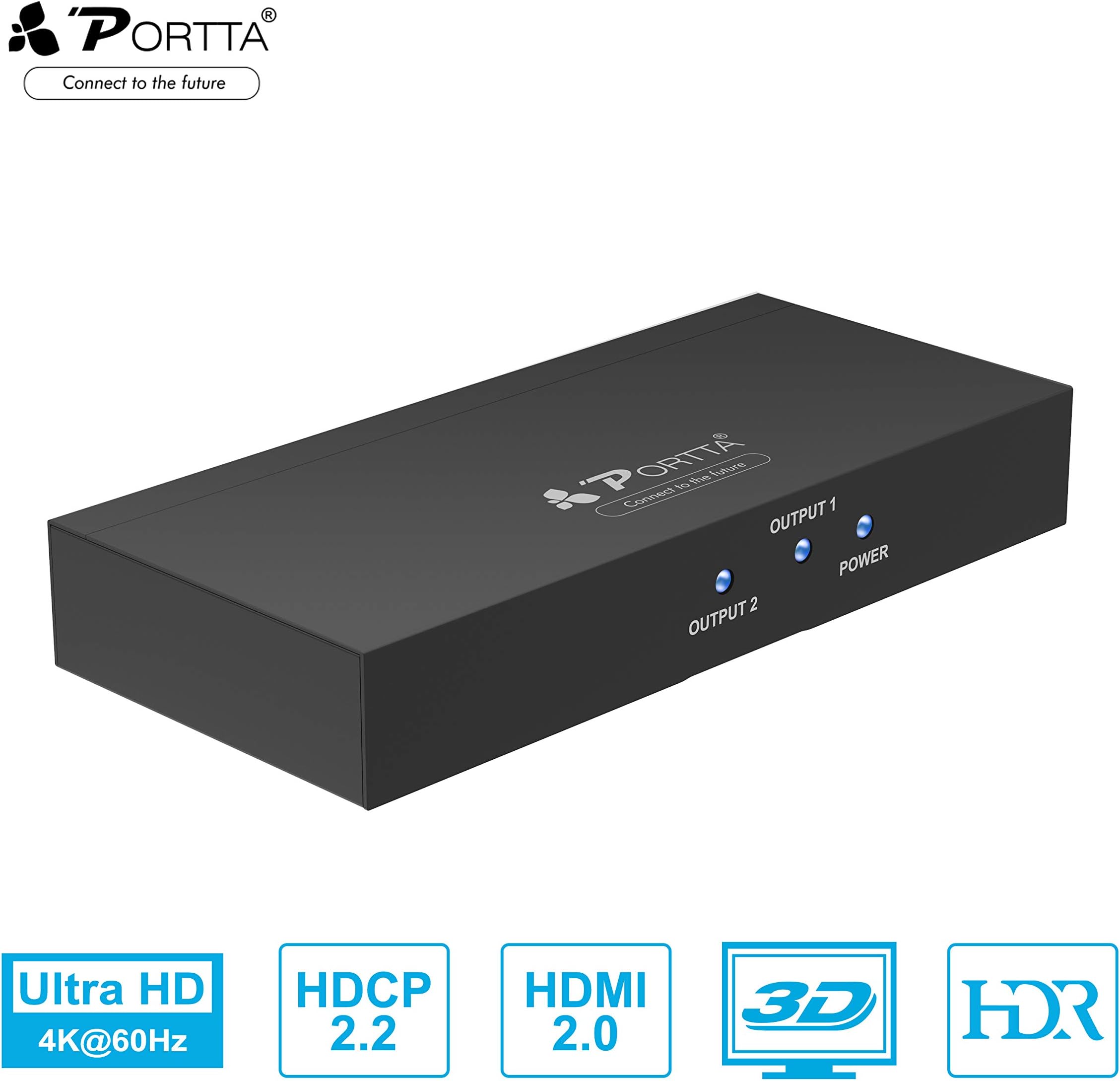Portta HDMI Splitter 4k HDMI Splitter 1 in 2 out 2 Way HDMI V2.0 Splitter 1x2 Amplifier Distributor Supports 4K@60Hz HDCP 1.4/2.2 Ultra HD Full 3D HDR For PS4 PRO/Xbox One/Roku/Fire TV