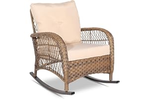 VIVIJASON Outdoor Wicker Rocking Chair, Patio Rattan Rocker Chair with Cushions & Steel Frame, All-Weather Rocking Lawn Wicker Furniture for Garden Backyard Porch (Beige)
