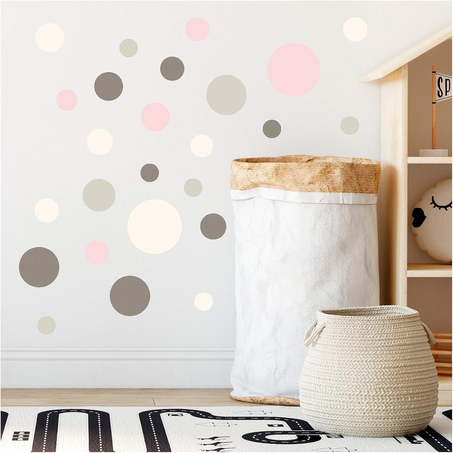 yabaduu 100 Adhesive Dots Circles Dots Wall Sticker Children's Room Bedroom Baby Room Sticker Film Decorative Self-Adhesive for Boys Girls Pastel (Y035-9 Grey Pink Beige)