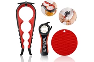 HUMANFUN Jar Opener for Weak Hands, Easy Twist Jar Opener For Seniors with Arthritis, 5 in 1 Multi Function Bottle Opener Lid Opener For Arthritic Hands with Non Slip Rubber Jar Gripper Pad(3-piece set, Red)