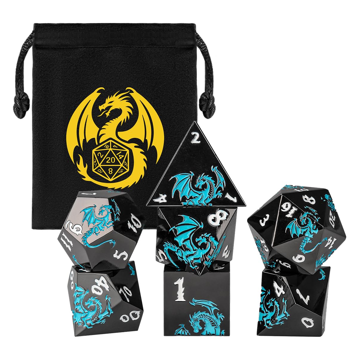Metal Dice Set, Flat Face Black Blue Dragon Pattern, 7pcs Polyhedral Metal DND Dice Set, DND Starter Set, D&D Gifts with Gift Bag, Role Playing Board Games Accessories, Black — image 1