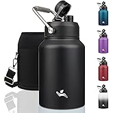 Konokyo Half Gallon Jug with Handle,64 oz Insulated Water Bottle with Carrying Pouch,Double Wall Vacuum Stainless Steel Metal Bottle,Black