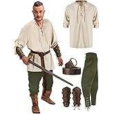 Jiuguva 4 Pcs Halloween Men's Renaissance Costume Set Medieval Pirate Shirt Ankle Banded Pants Viking Belt Accessories