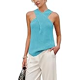 Yeokou Women Halter Cross Over Collar Tank Knit Sleeveless Top Solid Color Casual Summer Blouse