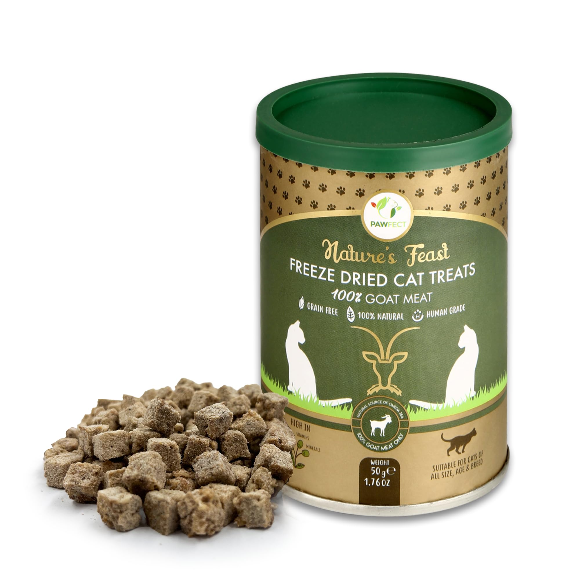Pawfect Nature's Feast Freeze-Dried Goat Meat Treats for Cats- 100% Natural- Hypoallergenic- Easily Digestible, Grain-Free Training Treat - Multifunctional - High Protein - Low Fat Treats (50g/1.76oz)