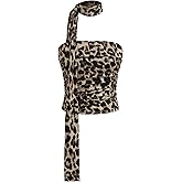 CIDER Leopard Print Tube Top Strapless Ruched Mesh Bandeau Crop Top with Scarf Sleeveless Tank Top