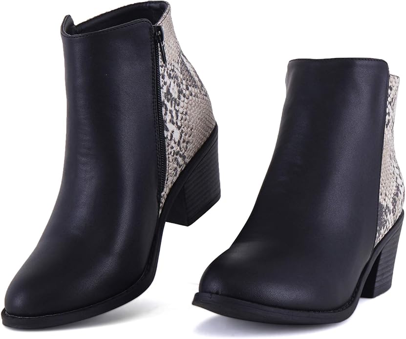 Womens Chunky Booties Pointed Snakeskin