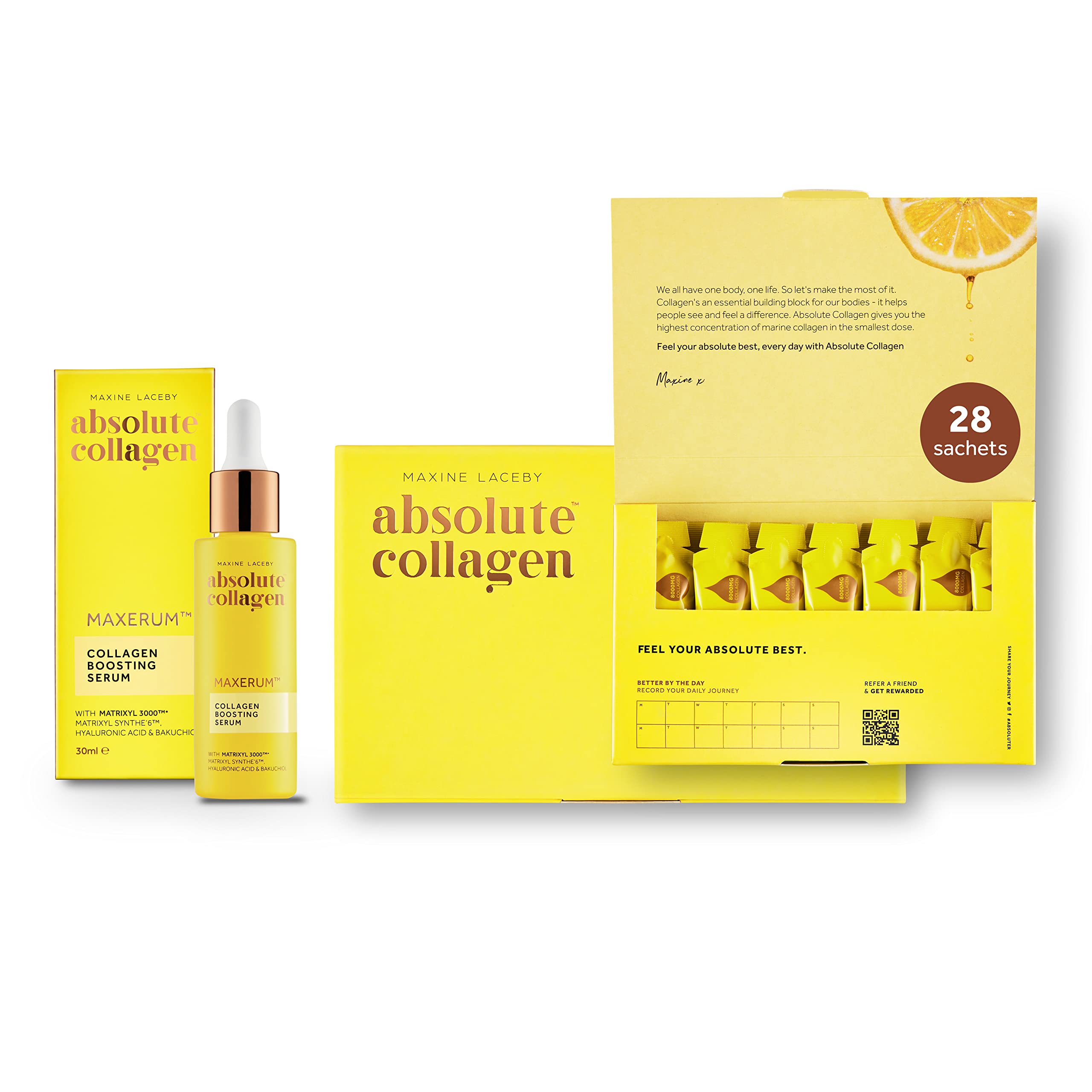 Absolute Collagen Better Together Bundle, 8000mg Marine Liquid Collagen Supplement with Vitamin C & Collagen Boosting Face Serum with Bakuchiol & Hyaluronic Acid, 28 Sachets & 30ml