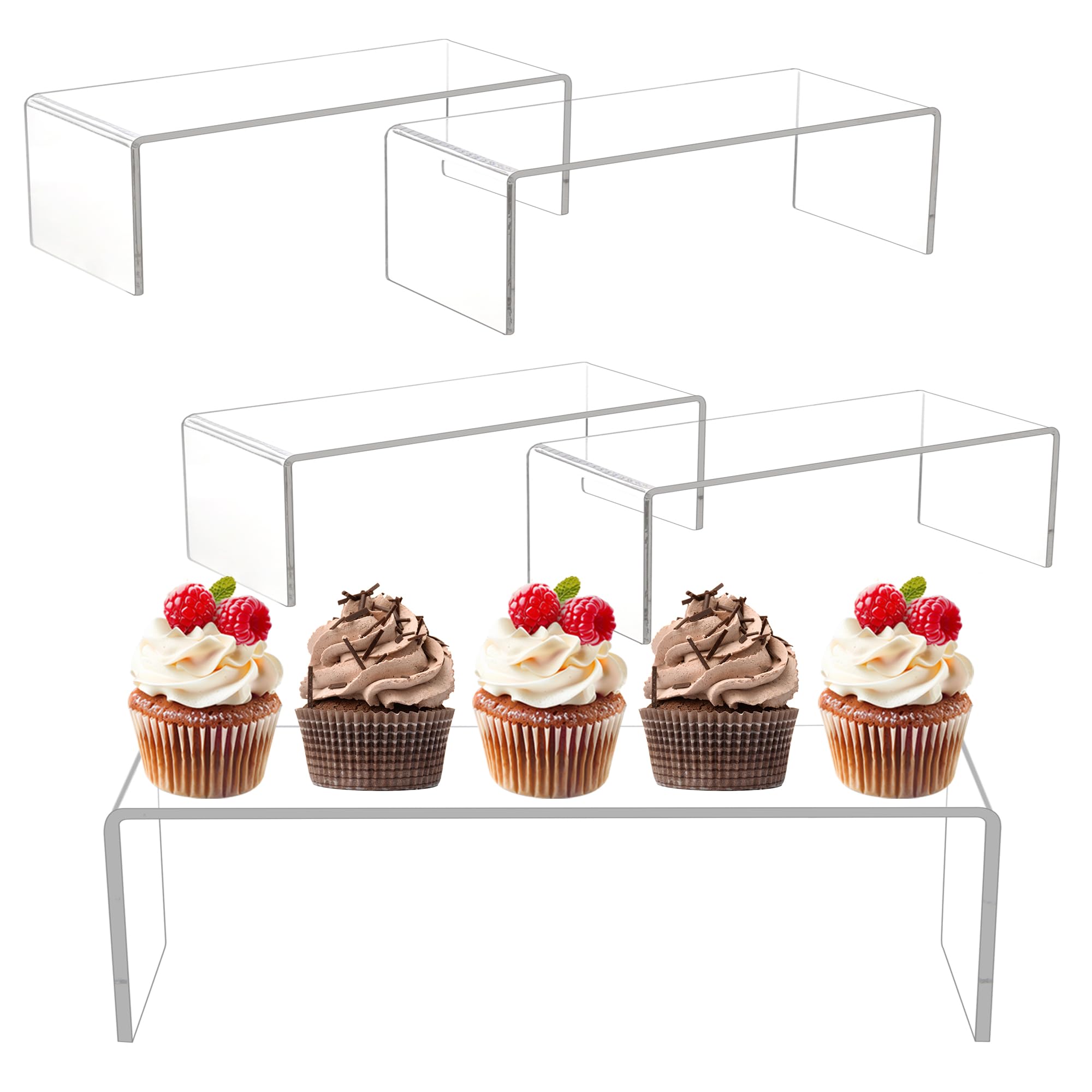 Photo 1 of Jusalpha 4 Pc Large 12'' Clear Acrylic Risers, Display Risers Shelf Showcase Fixtures for Retail, Display Stand for Amiibo Funko POP Figures, Cupcakes, Food Display, Cabinet Organizer (12''x 5''x 3.5 '')