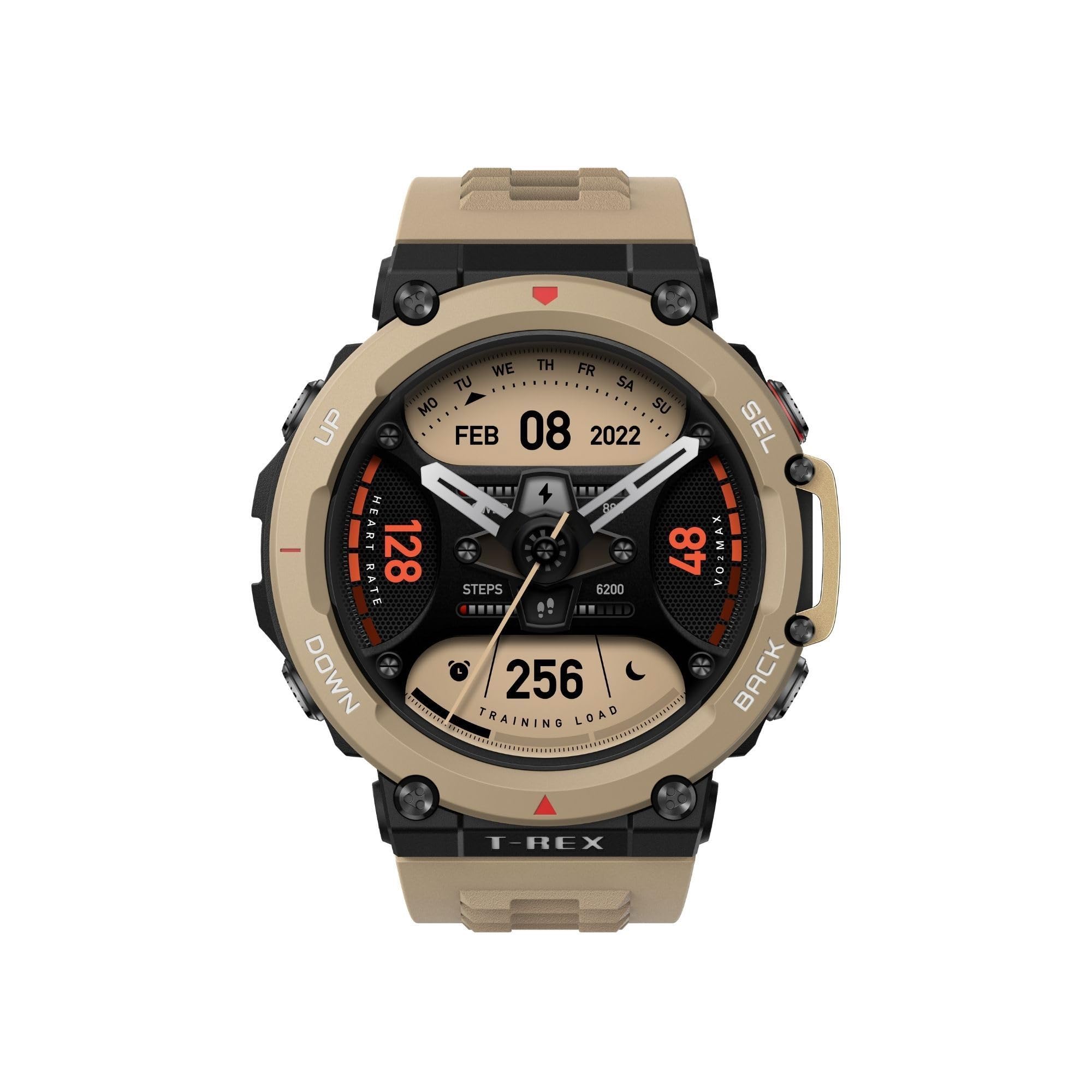 Amazfit T-Rex 2 Rugged Smart Watch, Military Certified, GPS, 24-Day Battery Life, Heart Rate, VO2, SPO2 Monitoring, Pacer, Altitude, 10 ATM Water-Resistant, Sleep Monitoring (Khaki)