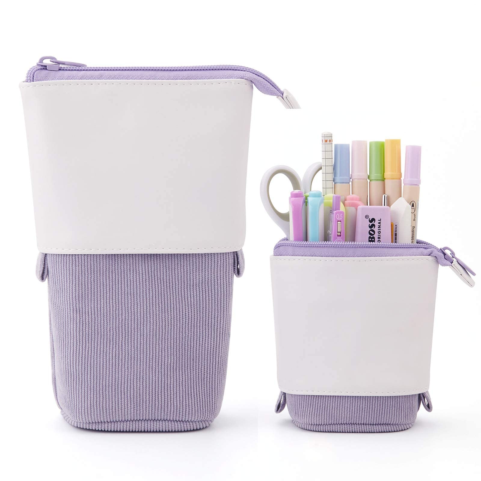 YeahBoom Pencil Case, 2-in-1 PU Zip, Purple, Stationery Storage, 7.28x4.92x3.35x2.56 inches