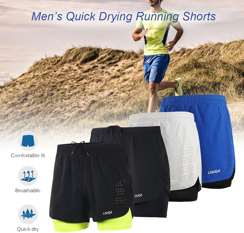 Lixada Men's 2-in-1 Running Shorts Quick Drying Breathable Active Training Exercise Jogging Cycling Shorts: Clothing