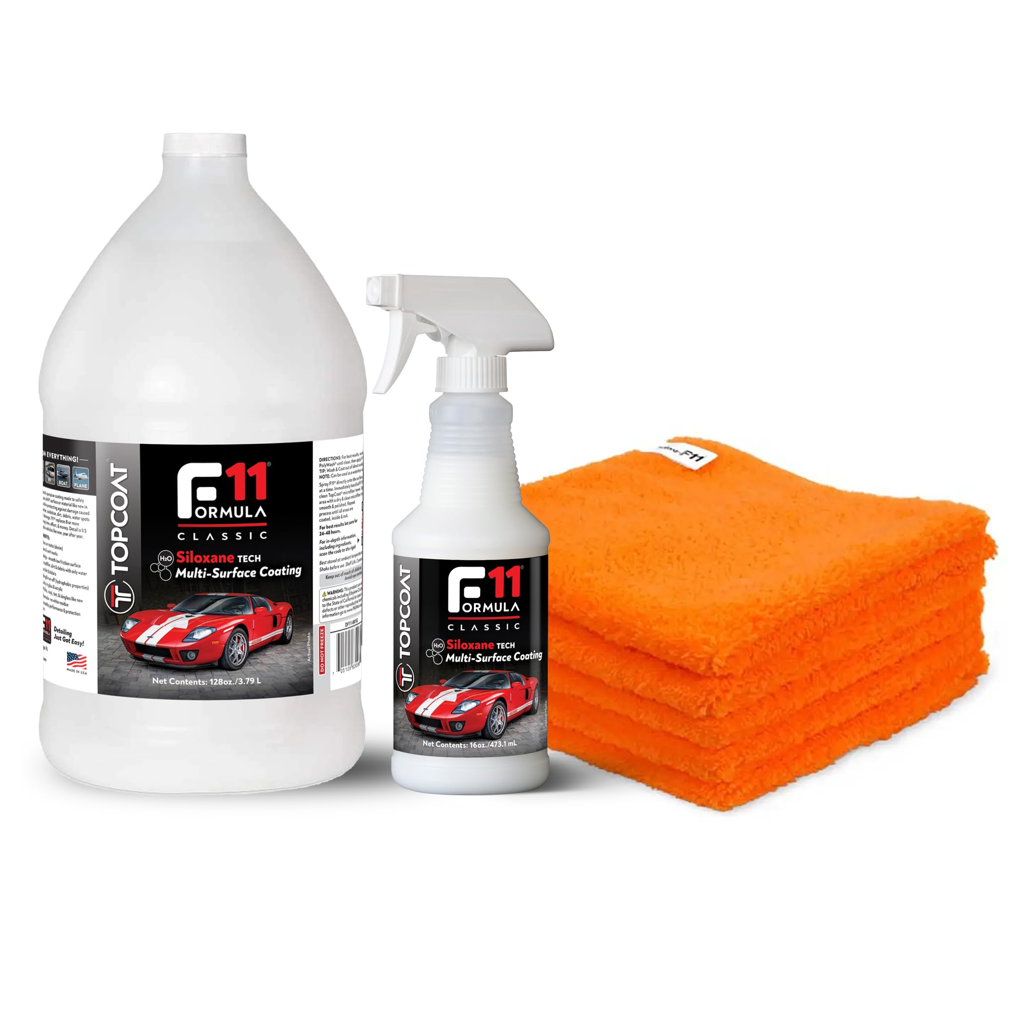 TopCoat F11 Polish & Sealer for Cars, Bikes and More – Water-Based Alternative to Ceramic Wax - 16 oz F11 Spray, 1 Gallon F11 Refill, and 5 Microfiber Towels