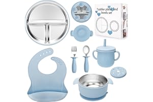 MISSLILI Stainless Steel Kids Plates and Bowls Set with Suction, Divided Baby Plate and Toddler Bowl with Removable Silicone Suction,Stainless Steel Weaning Bundle, Silicone Baby Feeding Set (Blue)