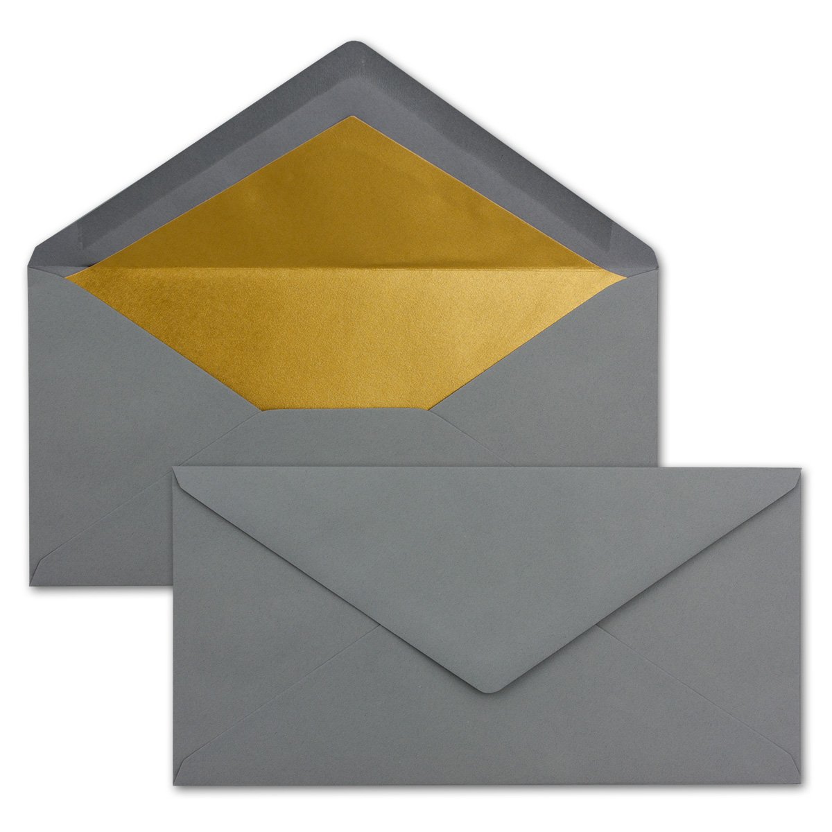 "NEUSER PAPIER" 50 envelopes DIN long graphite/dark grey with gold metallic inner lining 110 x 220 mm wet glue festive envelopes for Christmas — image 1