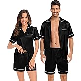 SWOMOG Couples Matching Pajamas Set Satin Short Sleeve Button Down Tops Silk Shorts Pj Lounge Set Soft Sleepwear