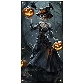 BlissYard Halloween Door Cover Skeleton Witch 35 x 71 Inch | Polyester, Skeleton Witch Pumpkin Design, Gothic Haunted House Decor, Front Door, Wall, Party and Photo Backdrop Display