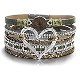 Leather Wrap Bracelet for Women Beaded Cuff Bracelet with Heart-shape Decor Bohemian Crystal Bracelet Jewelry with Clasp Bangle Bracelet for Women Girls Birthday Holiday Gift