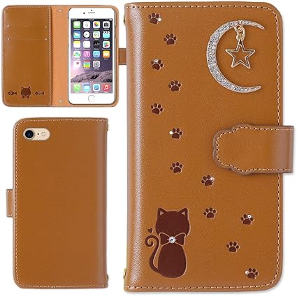 Amazon Ipod Touch 第7世代 19年モデル ケース 手帳型 カバー かわいい 猫 星 月 型押し エンボス レザー調 手帳 スマホケース カード収納 ケース ブラウン 全機種対応 Apple アイポッドタッチ モバイルプラス ケース