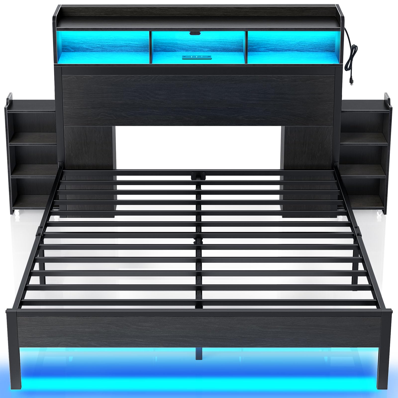 Rolanstar Bed Frame Full Size with Bookcase Storage Headboard, Slide Out Bedside Storage, Bed with Charging Station & LED Lights, Heavy Duty Metal Slats, No Box Spring Needed, Noise Free, Black Image Rolanstar Bed Frame Full Size with Bookcase Storage Headboard, Slide Out Bedside Storage, Bed with Charging Station & LED Lights, Heavy Duty Metal Slats, No Box Spring Needed, Noise Free, Black Image
