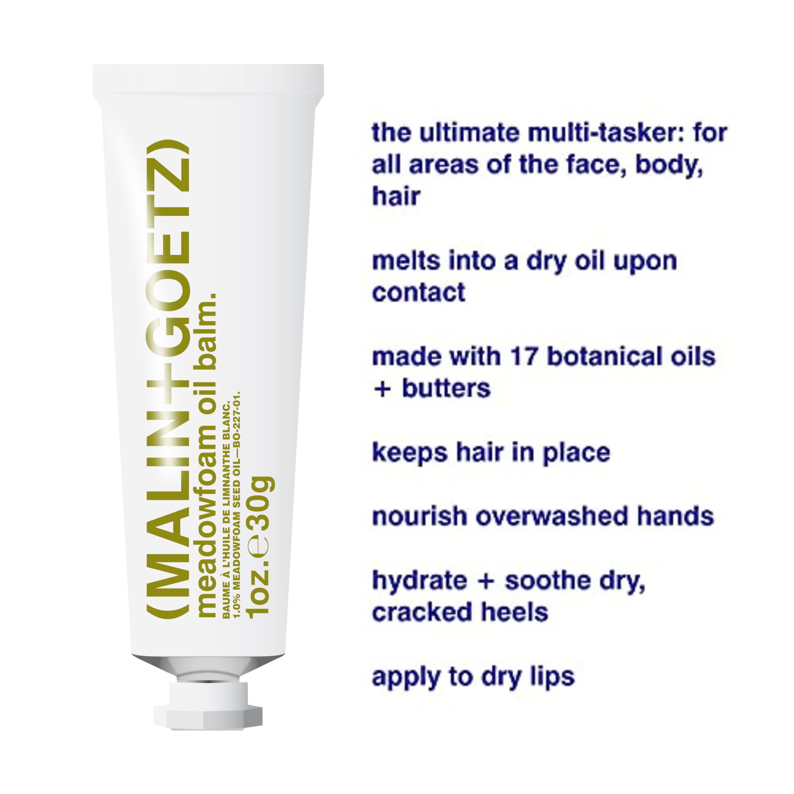 Malin + Goetz Meadowfoam Oil Balm—balancing, nourishing balm for all skin and hair types. Moisture protection, multi-purpose balm, antiaging skin, dry skin, chapped lips, cuticles,beard oil