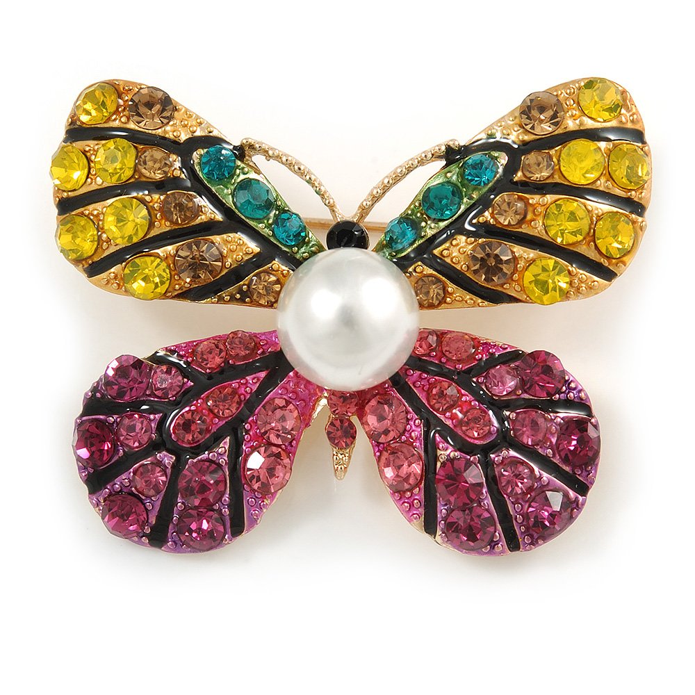 Yellow/Pink Crystal Butterfly Brooch In Gold Tone Metal - 40mm Across