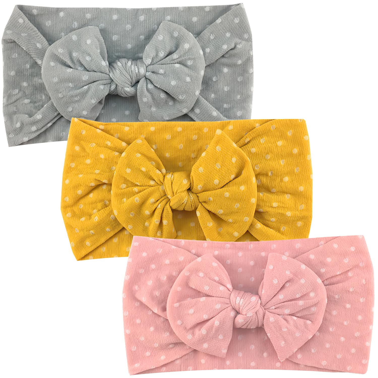 3 Pcs Baby Turbans - Newborn to Toddler Headbands with Bows (Grey/Pink/Yellow)
