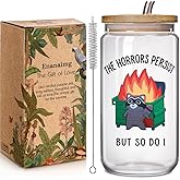 Enanaimg Raccoon Trash Fire Cartoon 16oz Glass Cup with Lid and Straw Gift for Coworker Friend - The Horrors Persist But So Do I, Funny Raccoon Dumpster Fire Birthday Gifts for Men Women Best Friend
