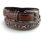 ARIAT Men's Embossed Leather Belt with Barbed Wire Accents and Blue Crystals