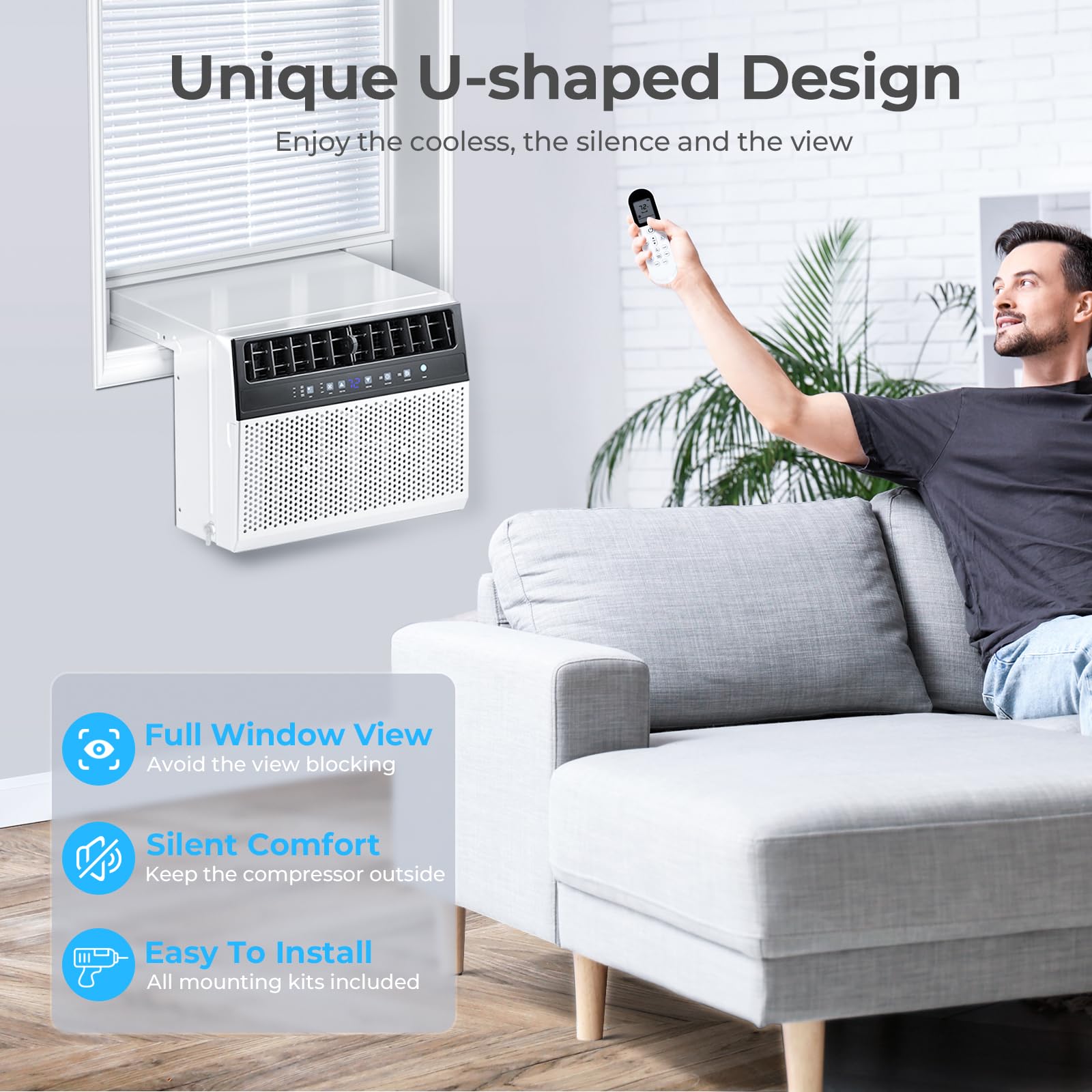 U-Shaped Air Conditioner Window Unit, 10000BTU Window AC Unit Cools up to 450 Sq. Ft, 6 Modes, Saddle Window AC Units with Full Window View, Energy Saving, Installation Kit Included, CEER11